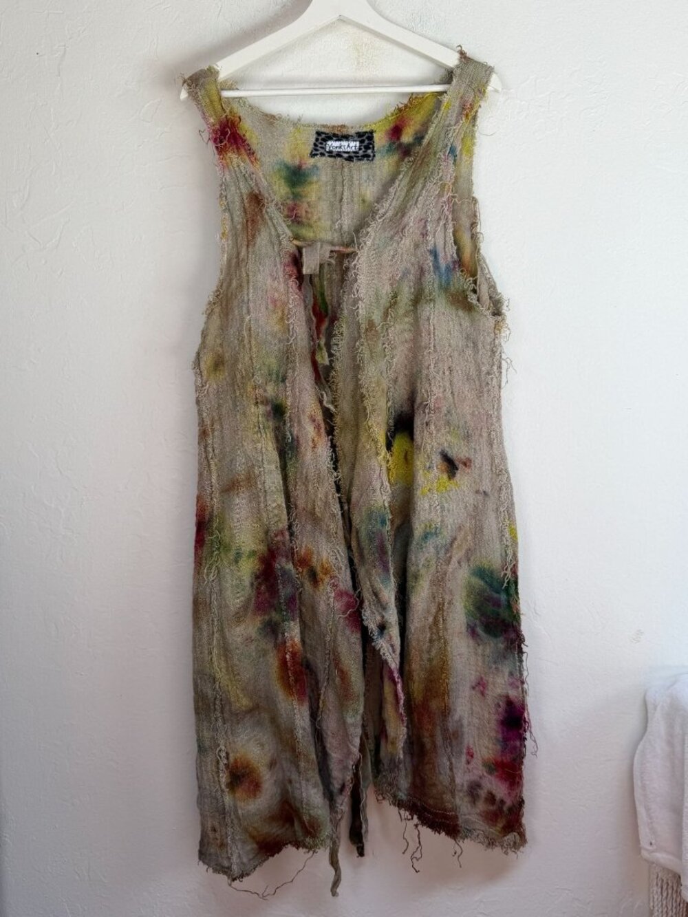 Rare Vonks Art Vest Womens Tie Dye Distressed Duster Gilet Fringe Trim Boho